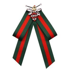Women British Striped Large Big Bow Tie Ribbon Bee Green-Red Crystal Pins Brooch